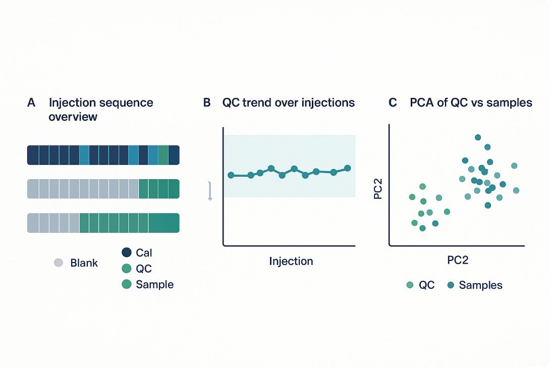 Three-panel figure for arachidonic acid LC-MS/MS QC: panel A shows a color-coded injection sequence of calibrators, blanks, QC and samples; panel B shows a normalized QC trend line staying within an acceptable range; panel C shows PCA with QC points clustered tightly and study samples more dispersed.