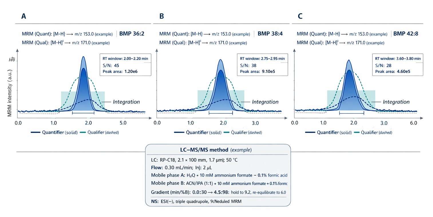 Three-panel LC–MS/MS MRM chromatograms of BMP 36:2, 38:4, and 42:8 with RT windows, integration brackets, and quantifier/qualifier traces.