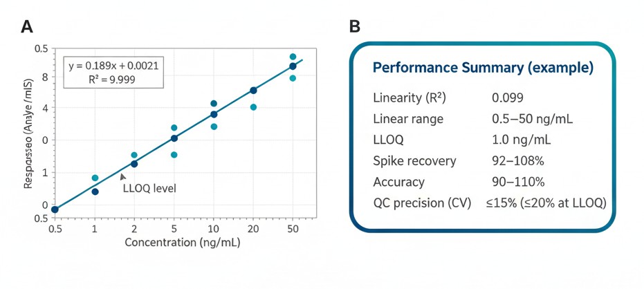Calibration curve (≥6 levels) for targeted LC–MS/MS quantification with R² and a method-performance table listing linear range, LLOQ/LOQ, recovery/accuracy, and CV.