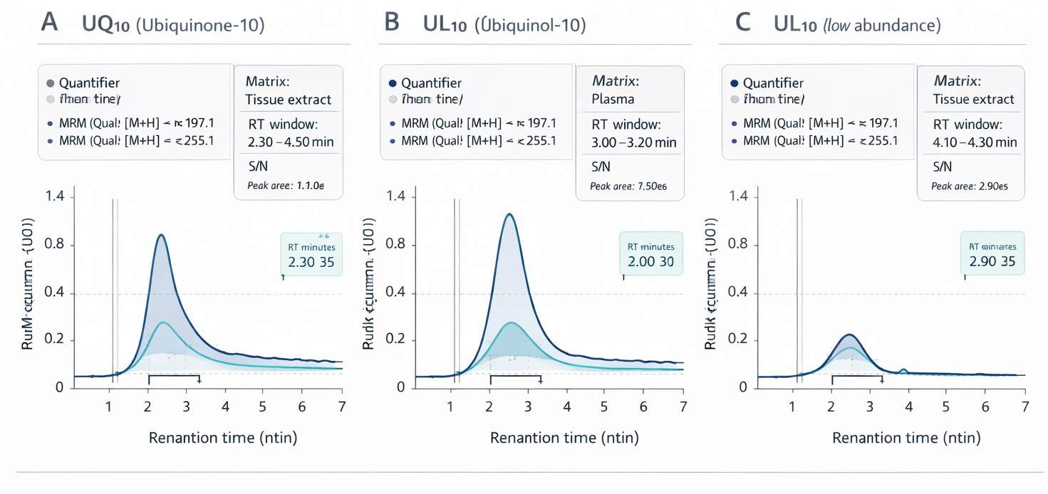 Three-panel LC–MS/MS MRM chromatograms (UQ10, UL10, UQ9) with quantifier/qualifier traces, shaded RT windows, and integration brackets.