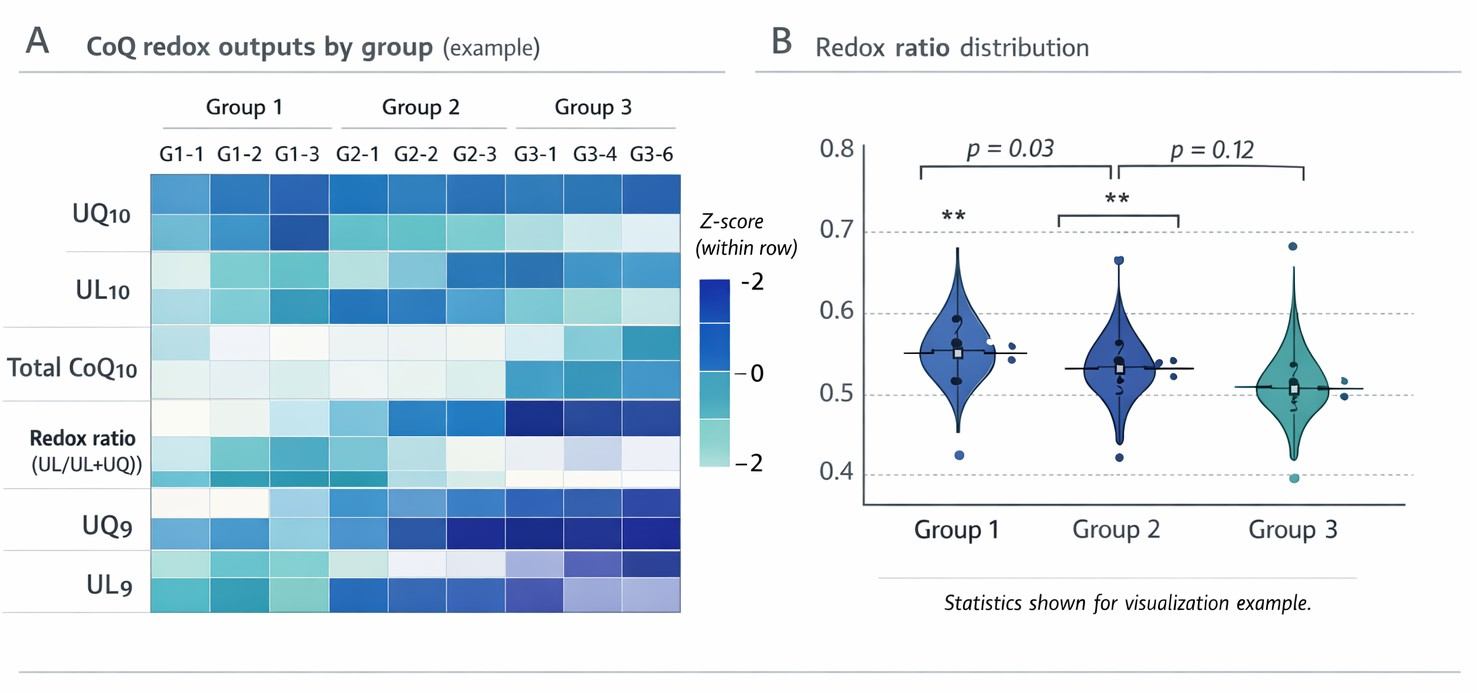 Two-panel results plot showing a CoQ redox heatmap (UQ10, UL10, totals, optional CoQ9) and a violin/box plot of UL/(UL+UQ) across groups.