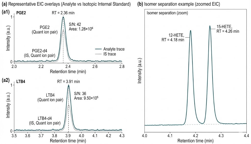 LC-MS/MS eicosanoid EIC with baseline isomer resolution.