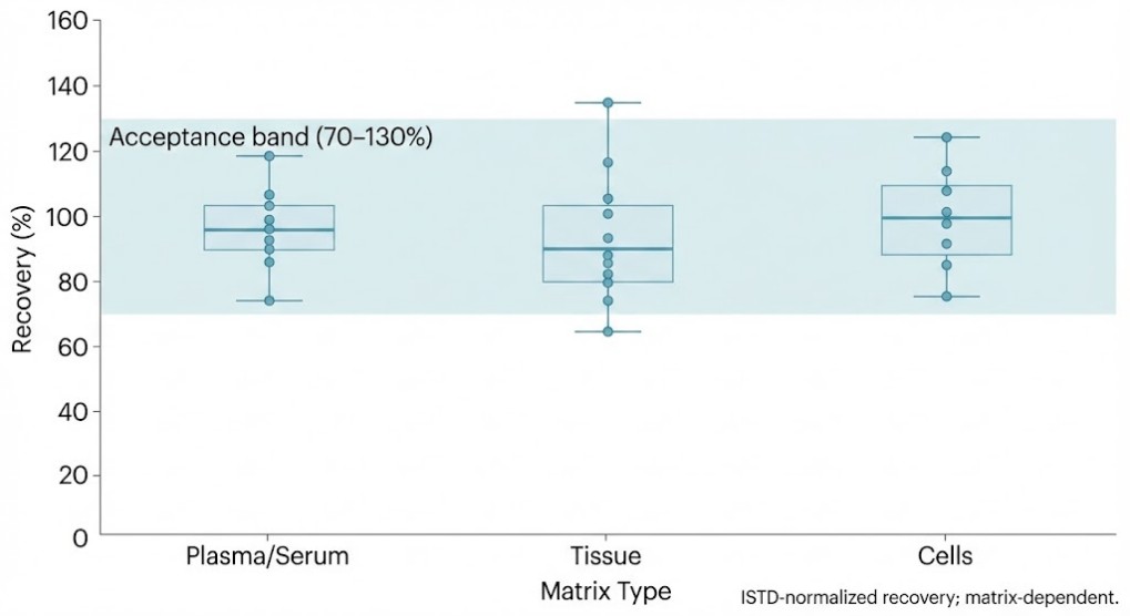 Boxplots of ISTD-normalized recovery across plasma/serum, tissue, and cells with a 70–130% band.