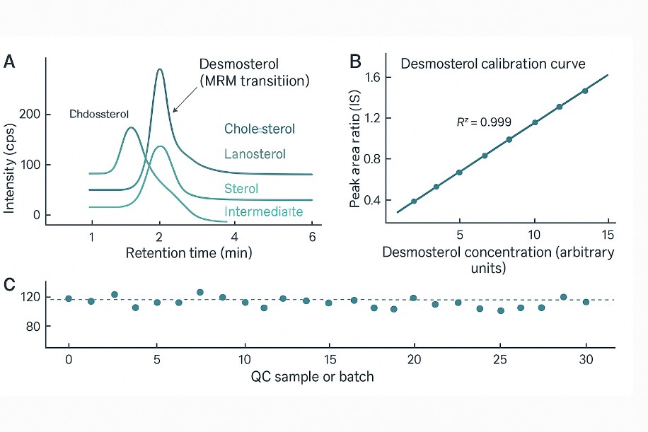 Three-panel LC–MS/MS figure with desmosterol chromatograms, calibration curve, and QC stability plot.