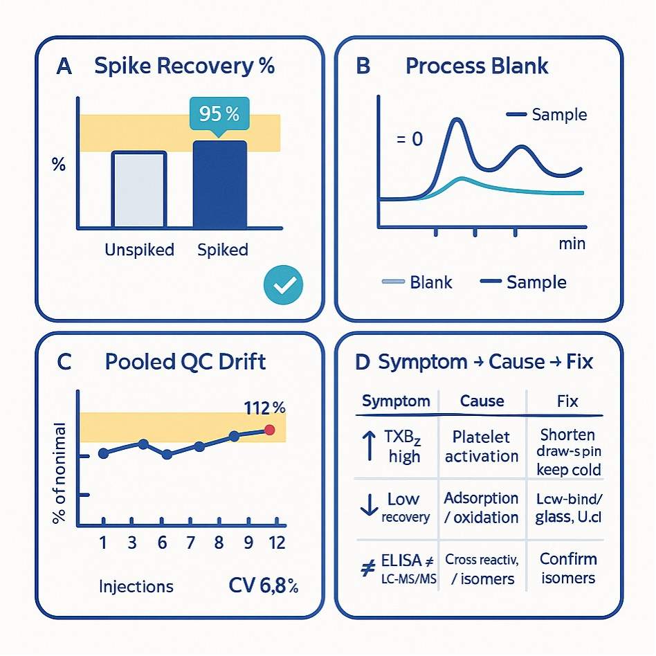 QC dashboard with recovery plot, blank trace, drift chart, and symptom–fix table.