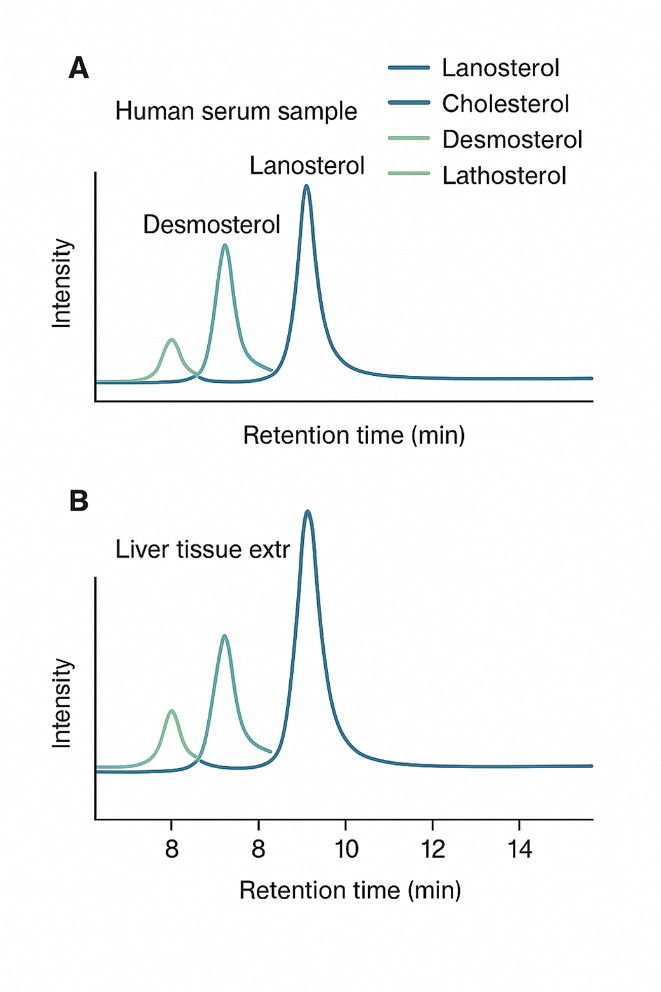 LC–MS/MS chromatogram panel separating lanosterol, cholesterol, desmosterol and lathosterol in serum and tissue