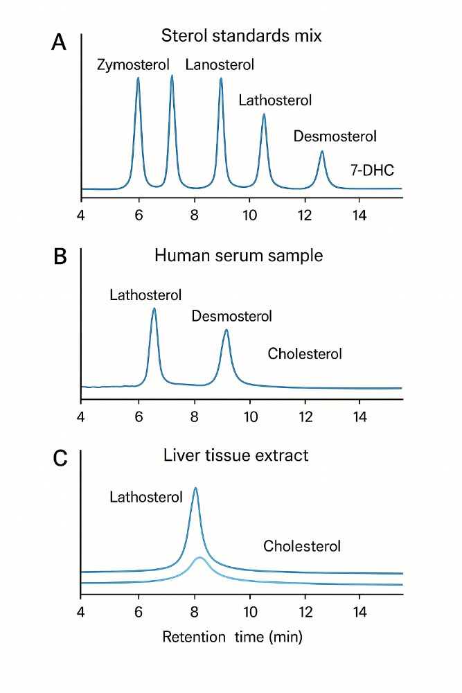 Representative LC–MS/MS chromatograms showing lathosterol and cholesterol biosynthesis intermediates in standards, serum and tissue extracts.