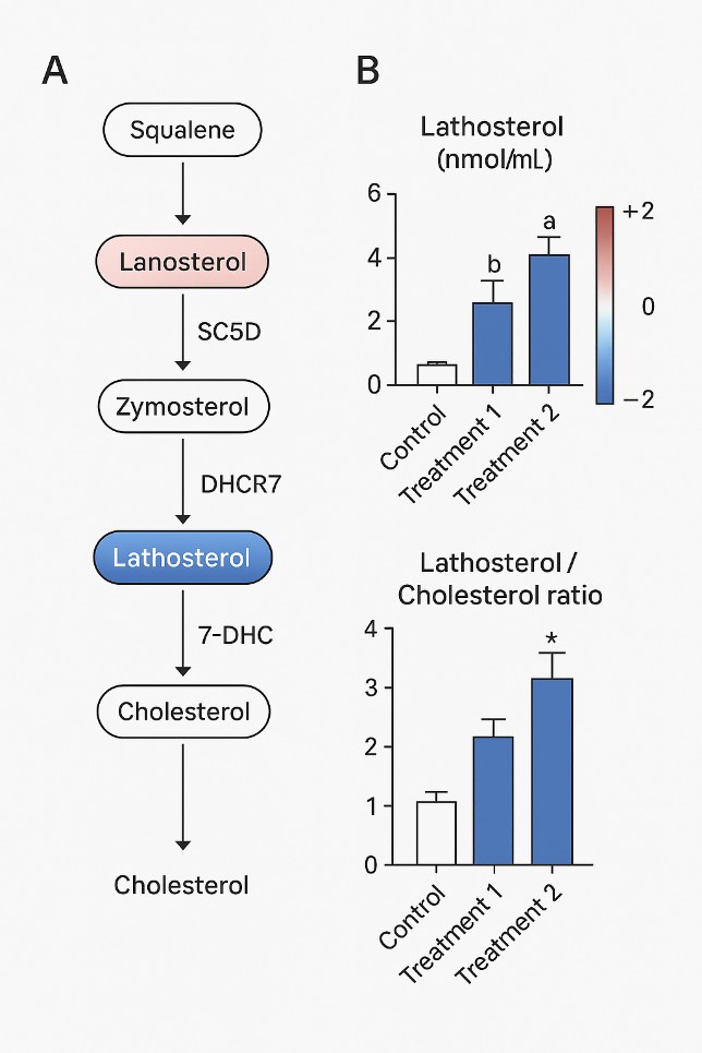 Cholesterol biosynthesis pathway map and box plots showing changes in lathosterol, other sterol intermediates and lathosterol/cholesterol ratios between control and treated groups.