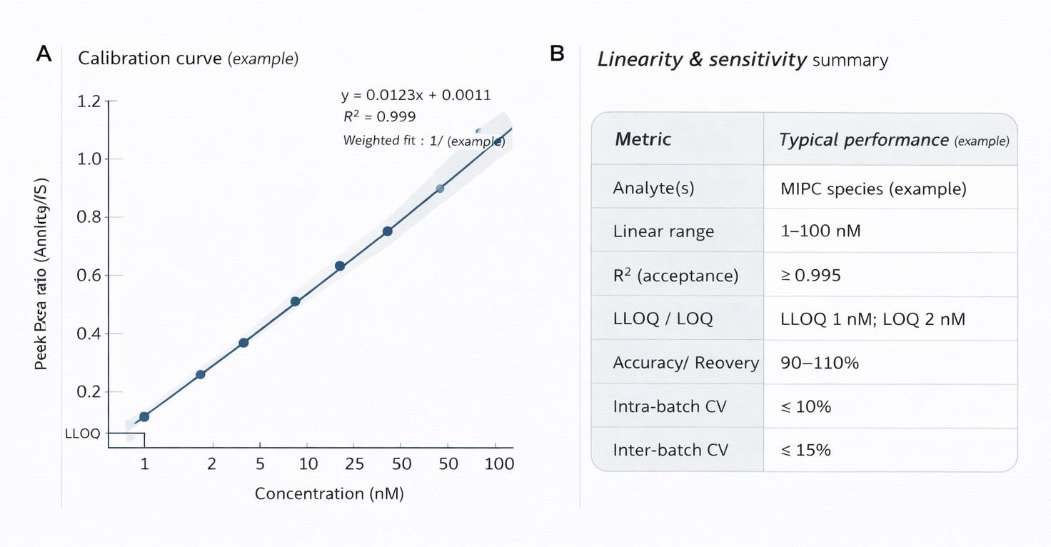 LC–MS/MS quantitation performance for MIPC analysis showing a multi-point calibration curve and key metrics including linear range, LLOQ, accuracy, and CV.