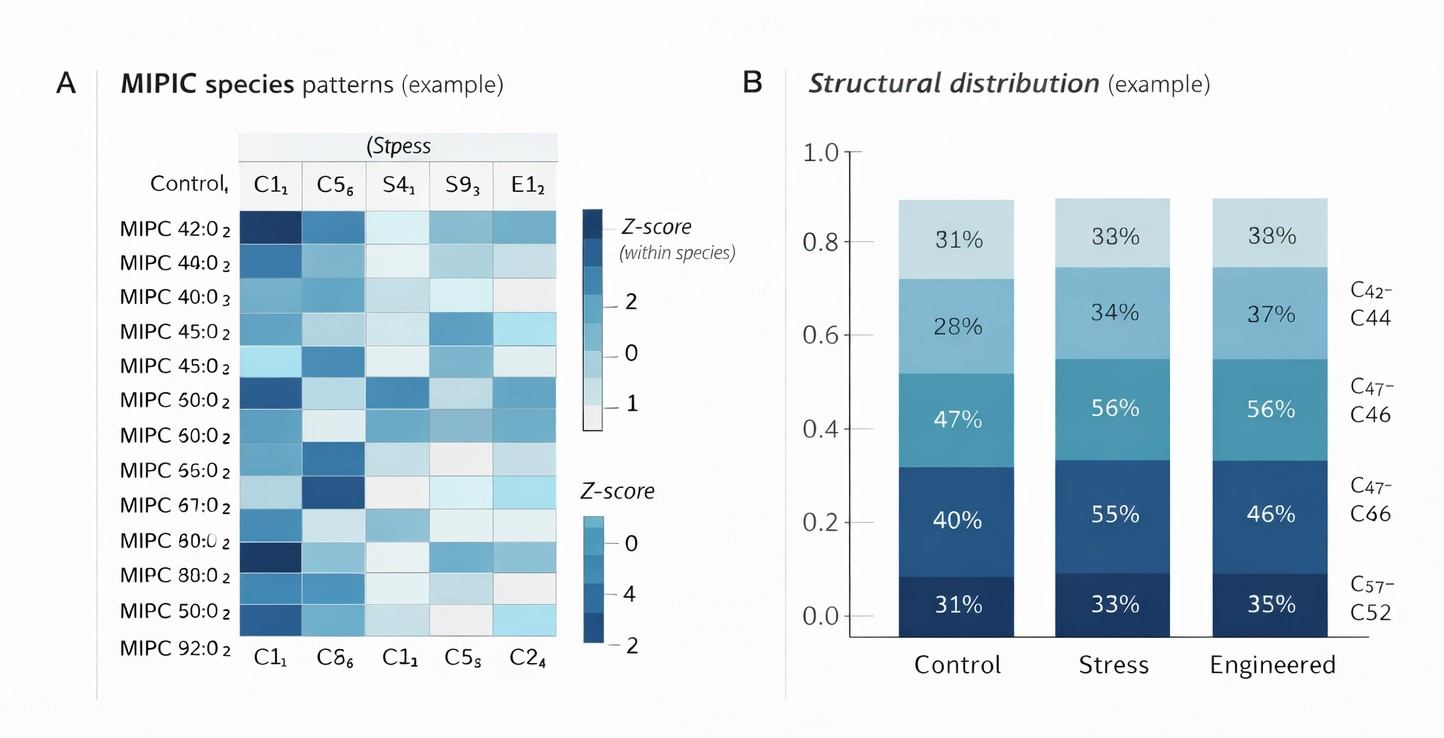 Heatmap and stacked distribution plots summarizing MIPC species patterns and carbon-series composition across sample groups for comparative lipidomics analysis.