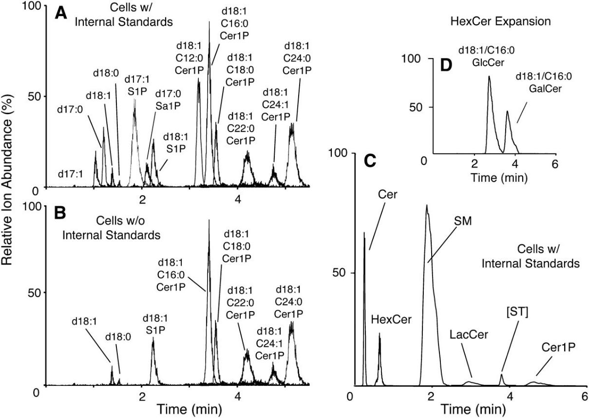 LC ESI-MS/MS elution profiles for the sphingolipids on reverse phase (A, B) and normal phase (C, D) chromatography.