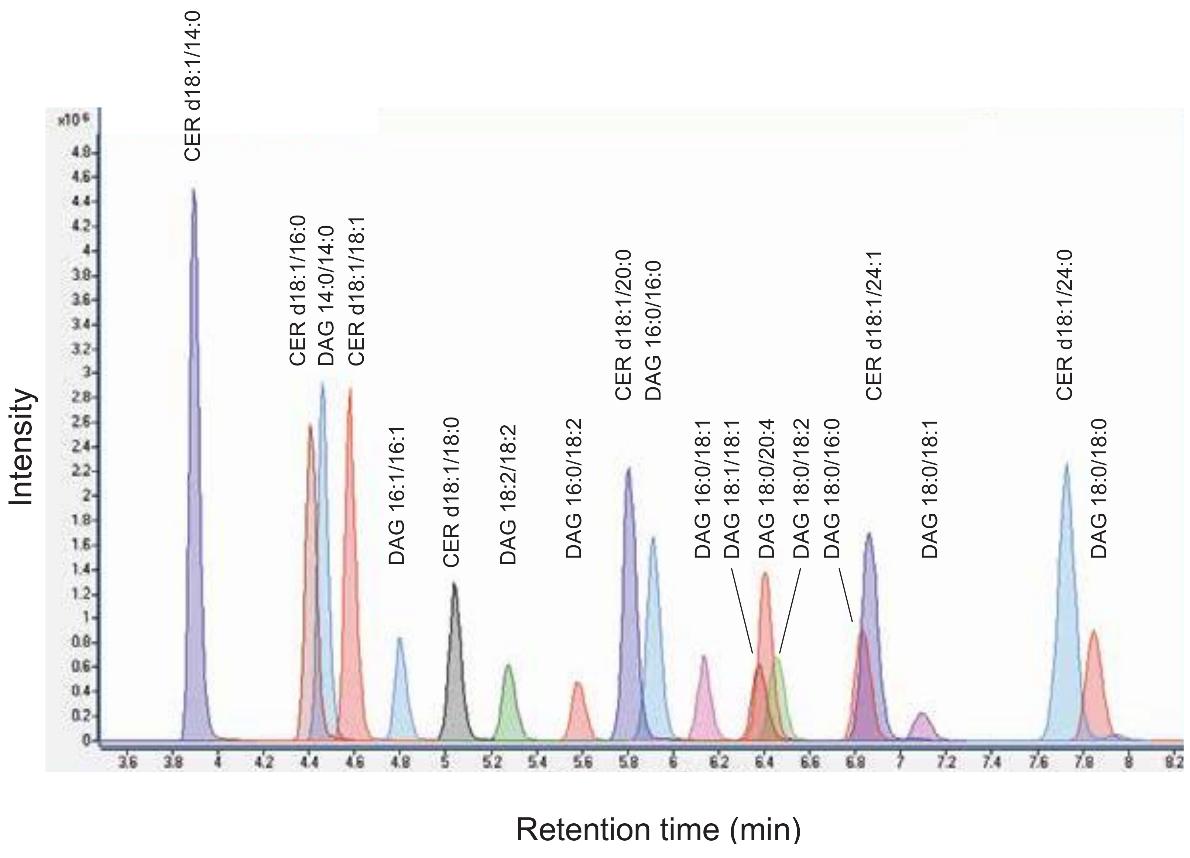 Chromatogram of diacylglycerol (DAG) and ceramide (CER) standard mixture. An overlay of multiple reaction monitoring (MRM) chromatograms of individual lipid species is shown.