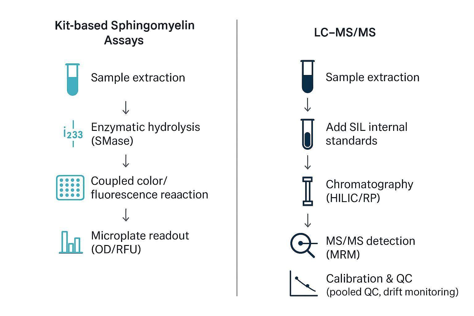 Workflow schematic: kit-based sphingomyelin assay versus LC–MS/MS targeted quantification