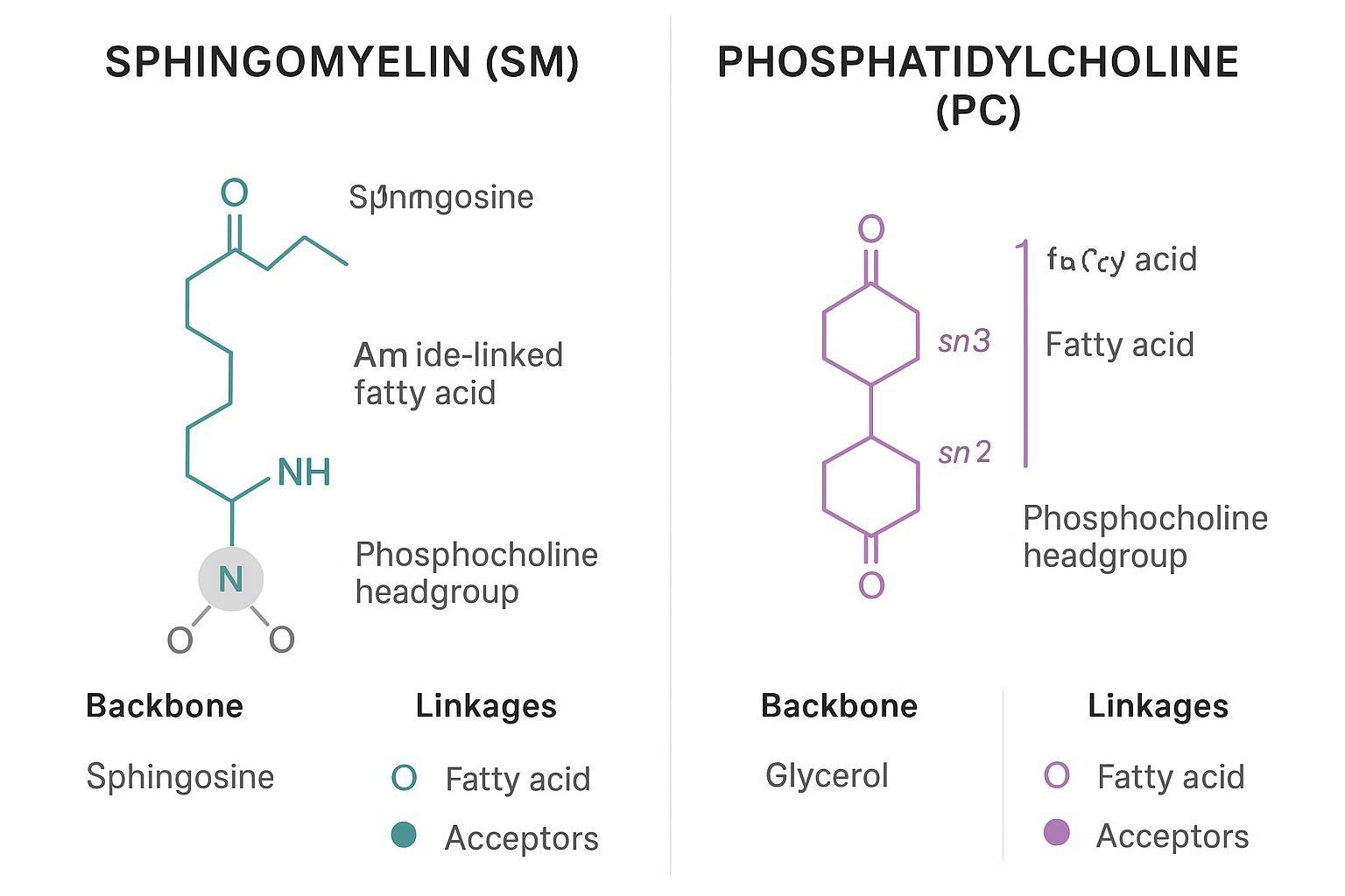 Side-by-side structural comparison of sphingomyelin vs phosphatidylcholine highlighting backbone, linkages, and hydrogen-bonding capacity