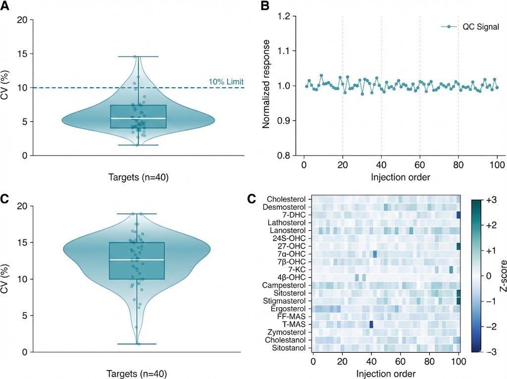 QC CV distribution, run-order stability plot, and QC heatmap across injections/batches.