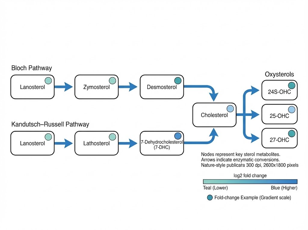 Cholesterol biosynthesis map with Bloch and Kandutsch–Russell branches and fold-change markers.