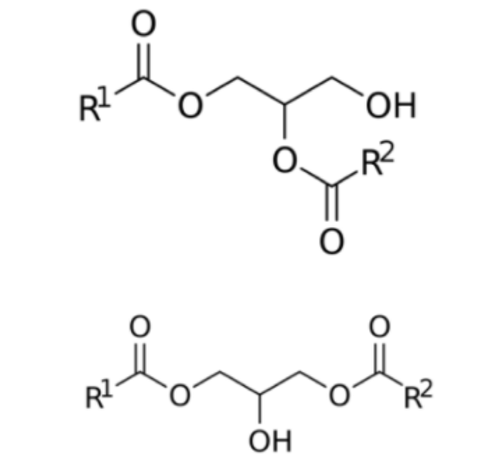 General chemical structures of 1,2-diacylglycerols (top) and 1,3-diacylglycerols (bottom).