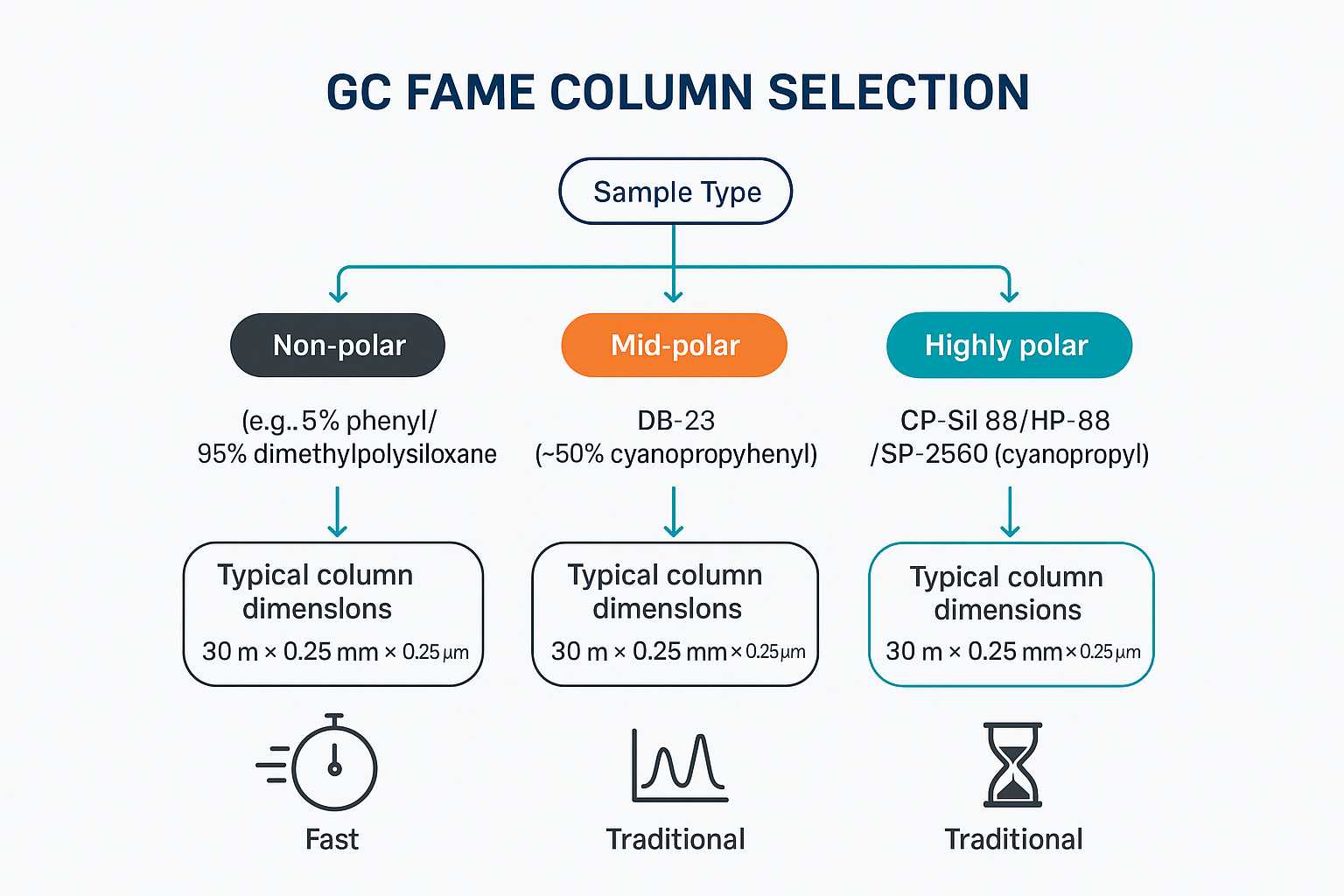 Decision tree comparing non‑polar, mid‑polar DB‑23, and highly polar CP‑Sil 88 columns with typical dimensions and programs